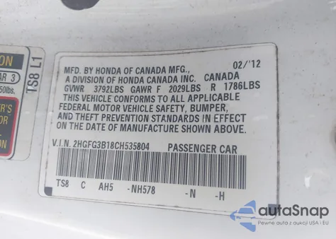 2012 Honda Civic Ex-L z USA, uszkodzony, nr VIN 2HGFG3B18CH535804